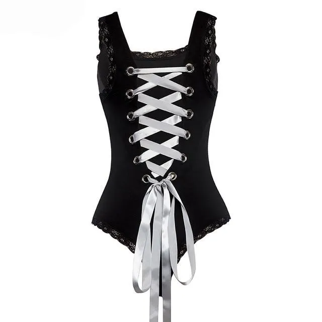 'Cursed' Black and White Bodysuit with Lace up Back