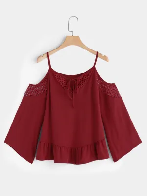Custom Plain Hollow Lace-Up Cut Out Spaghetti Strap Long Sleeve Ruffle Hem Blouses