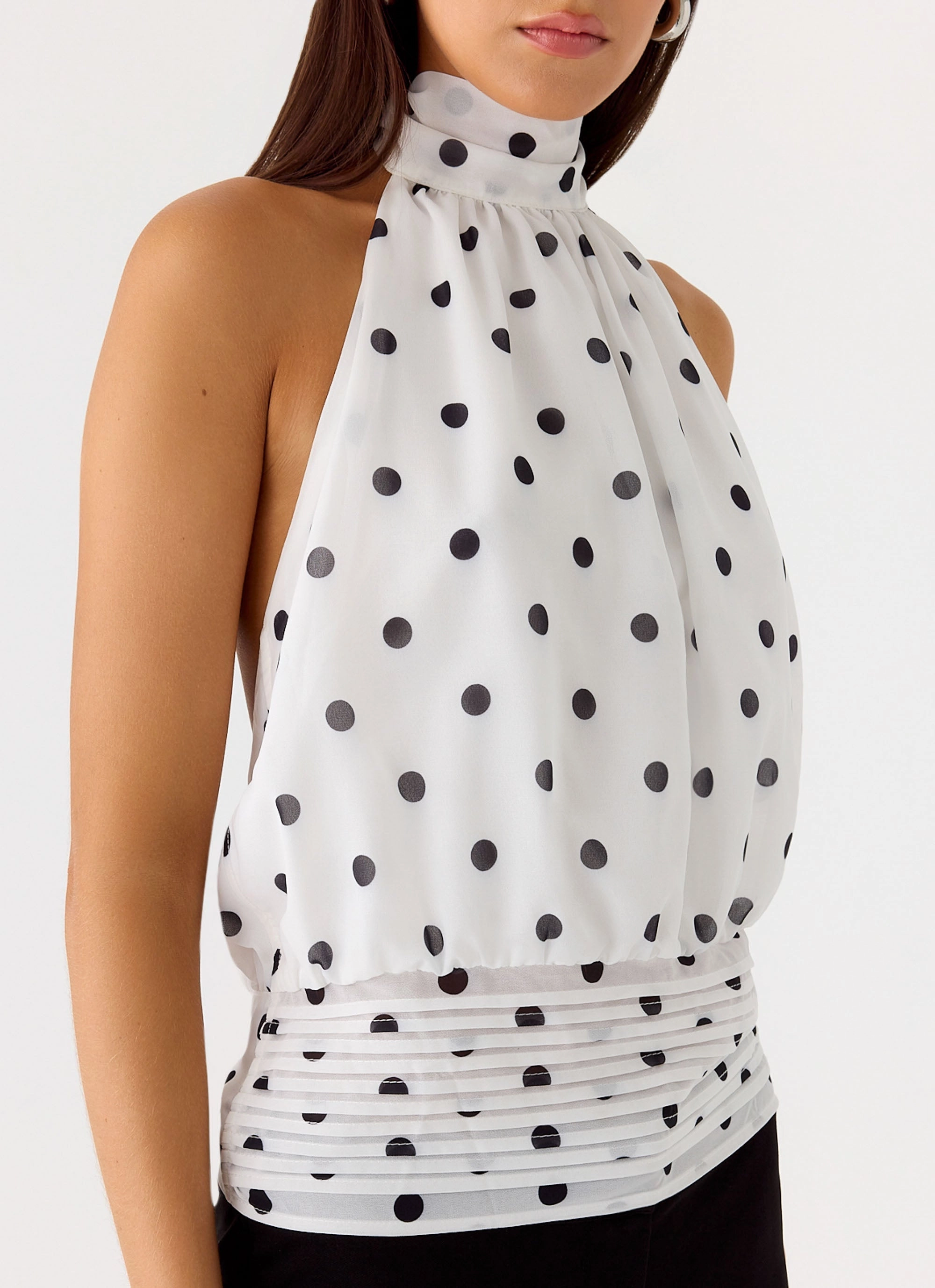 Refined Finish Modern Outfit Custom made Willow Chiffon Top - White Polkadot