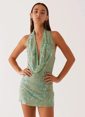 Customer Favorite Olisa Cowl Neck Beaded Mini Dress - Mint Refined Feel Slit-Hem Olisa Cowl Neck Beaded Mini Dress - Mint