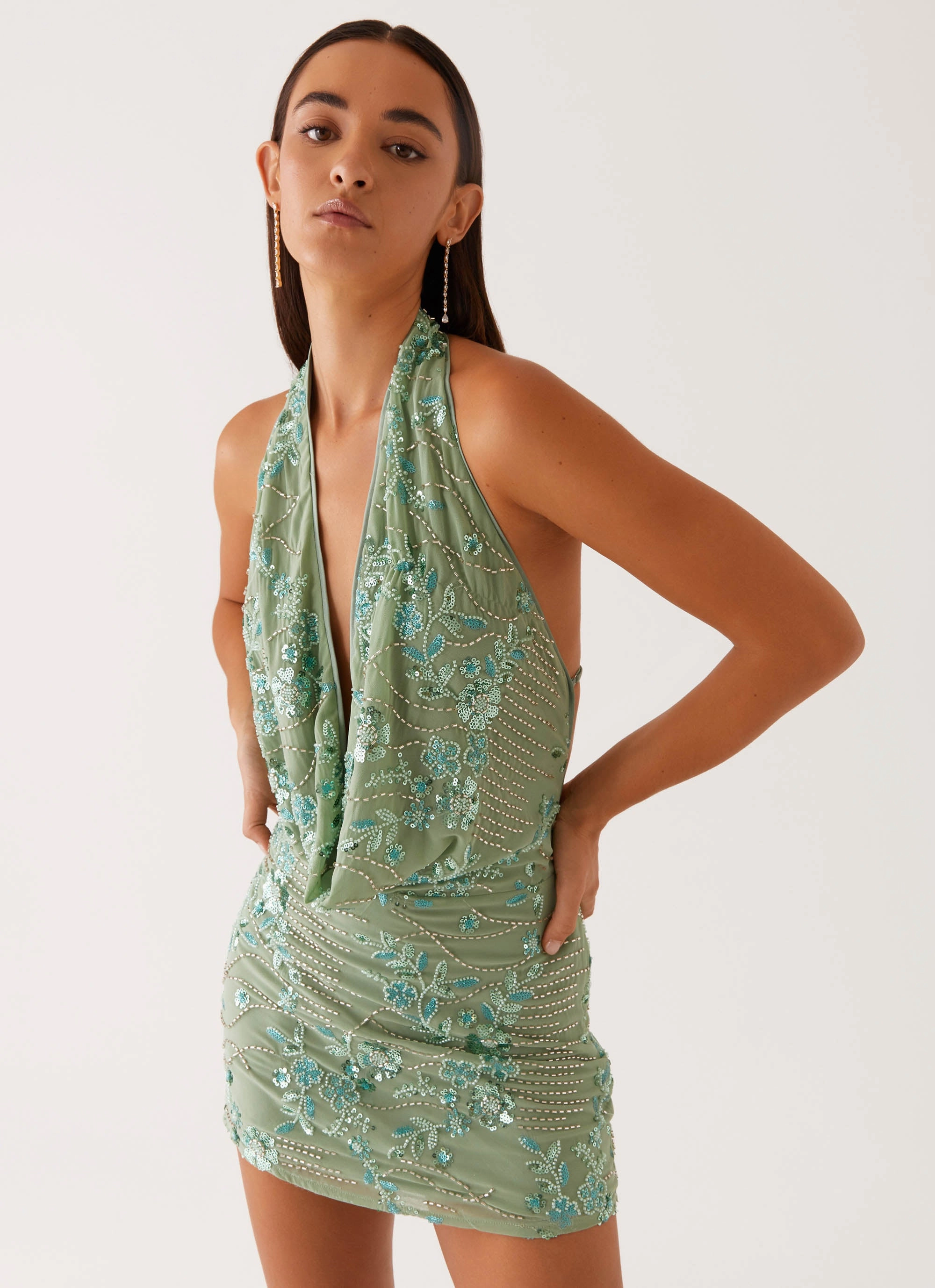 Olisa Cowl Neck Beaded Mini Dress - Mint everyday staple Chilly Weather Wear