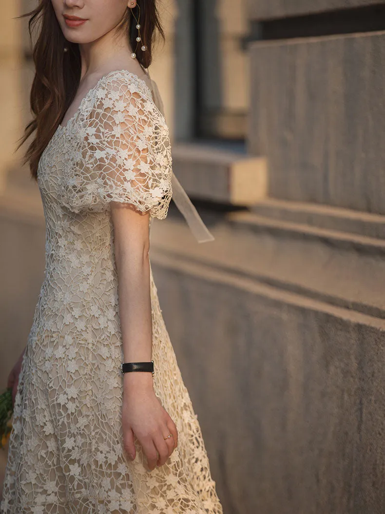Cute beige lace short prom dress, beige lace bridesmaid dress