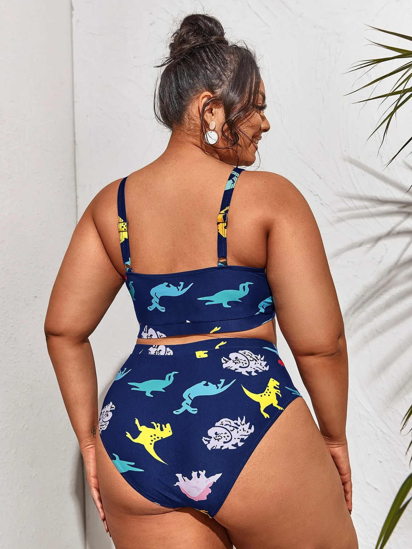 Cute Cartoon Contrast Mesh Spaghetti Strap Plus Size Bikini Sets