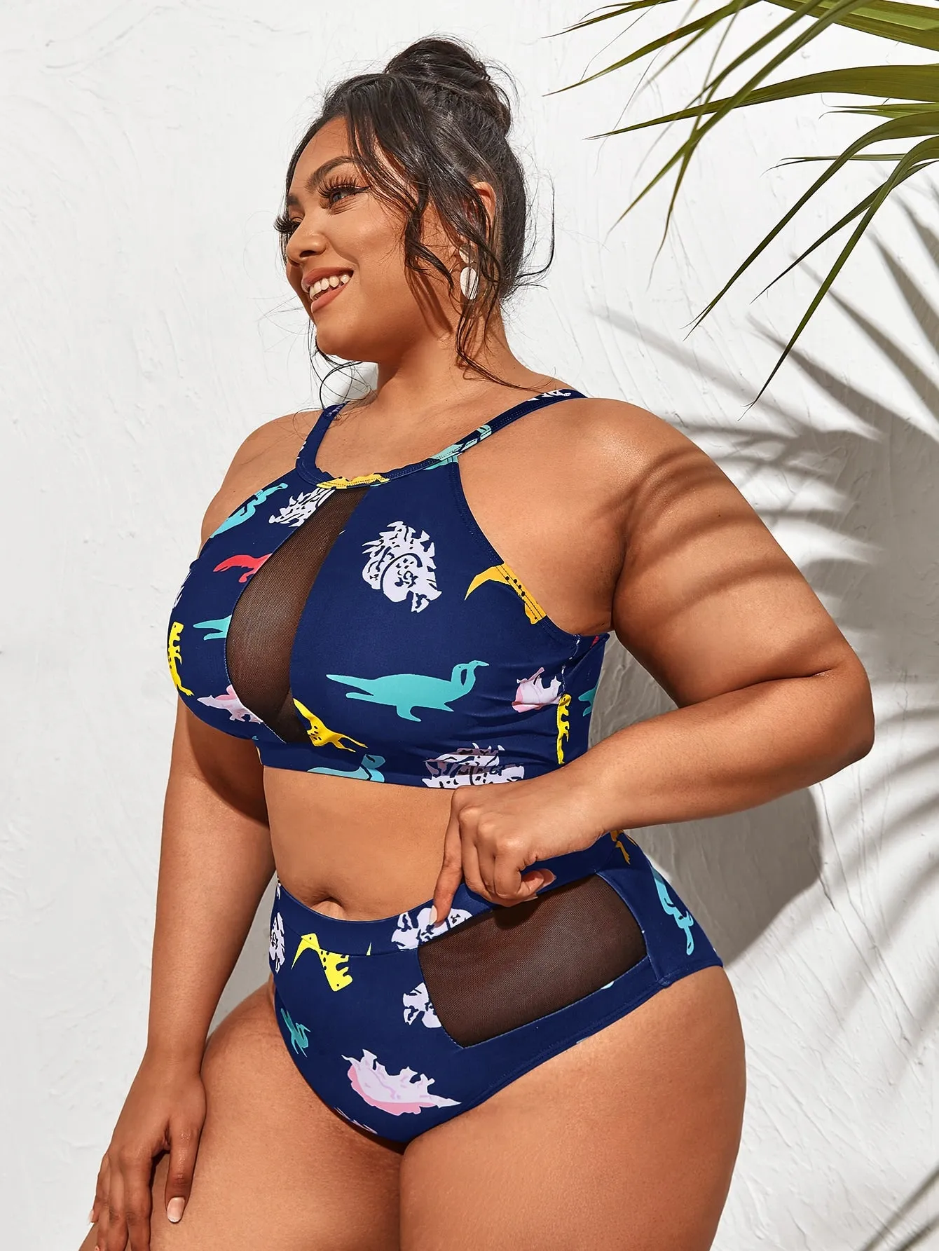 Cute Cartoon Contrast Mesh Spaghetti Strap Plus Size Bikini Sets