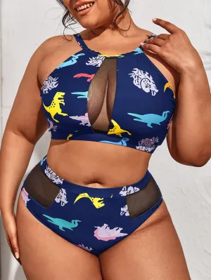 Cute Cartoon Contrast Mesh Spaghetti Strap Plus Size Bikini Sets