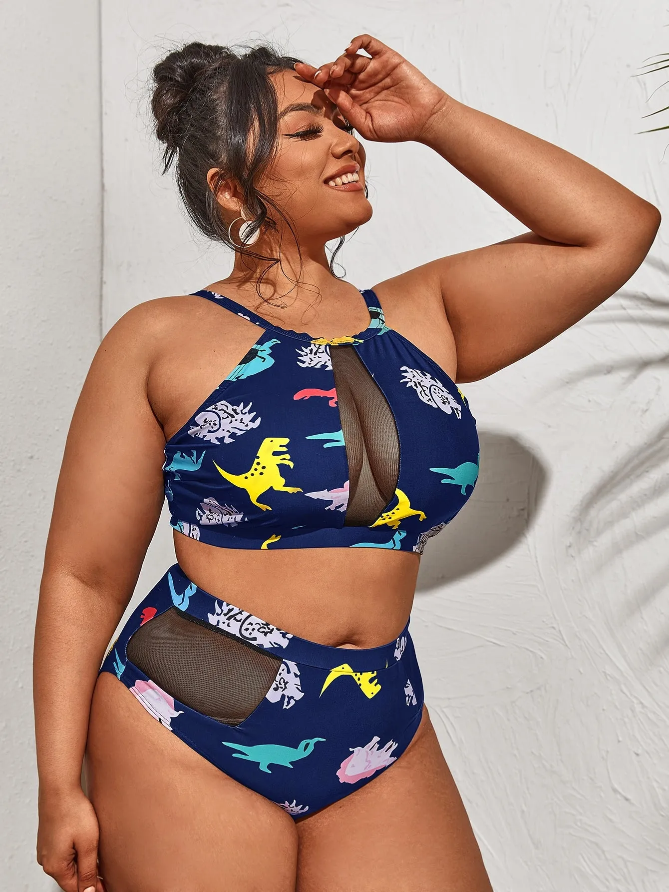 Cute Cartoon Contrast Mesh Spaghetti Strap Plus Size Bikini Sets