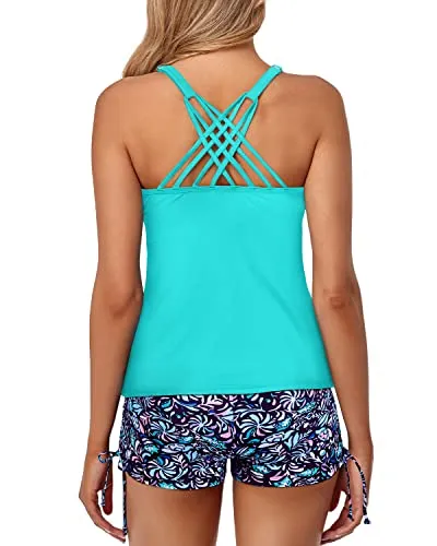 Cute Cross-Back Design Tankini For Women High Waisted Boy Shorts-Light Blue-Green Floral