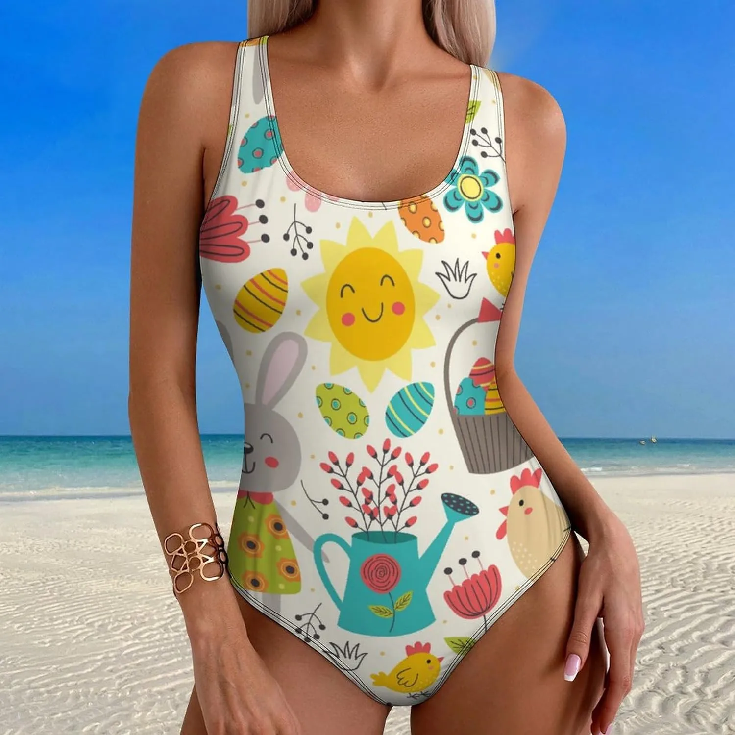 Cute Easter Eggs Womens' One Piece Swimwear Backless Scoop Neck Adorable Tummy Control Swimwear