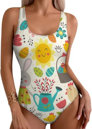 Cute Easter Eggs Womens' One Piece Swimwear Backless Scoop Neck Adorable Tummy Control Swimwear