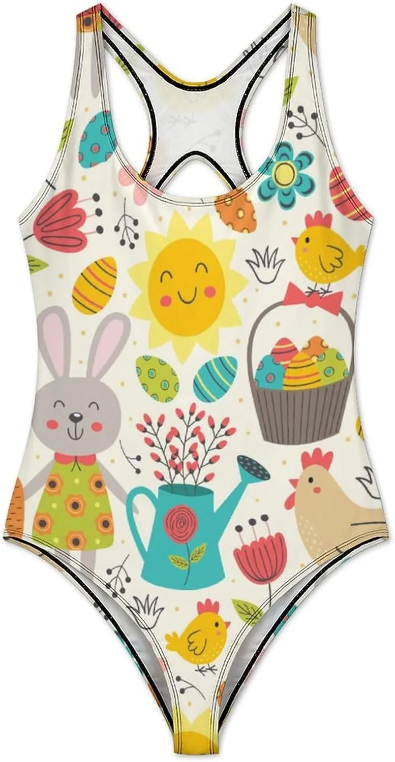 Cute Easter Eggs Womens' One Piece Swimwear Backless Scoop Neck Adorable Tummy Control Swimwear
