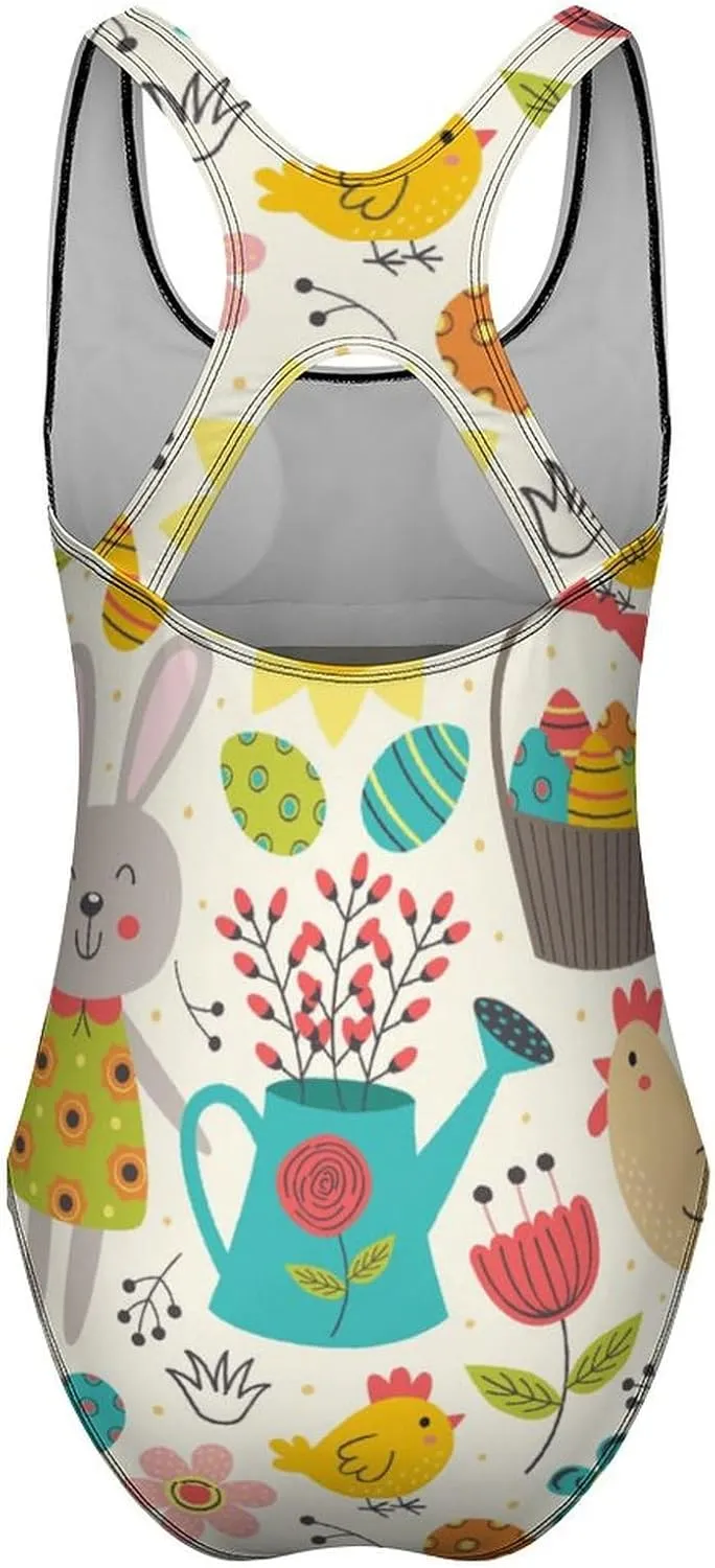 Cute Easter Eggs Womens' One Piece Swimwear Backless Scoop Neck Adorable Tummy Control Swimwear
