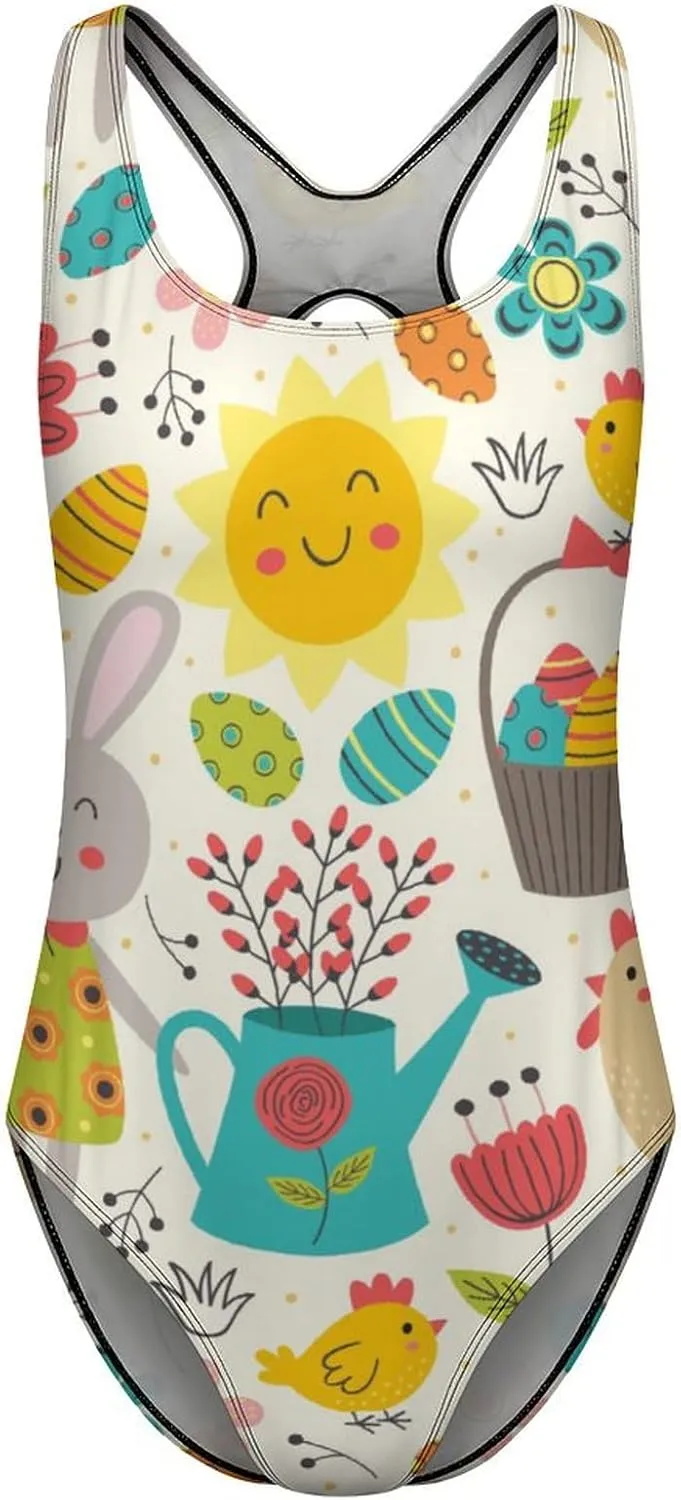 Cute Easter Eggs Womens' One Piece Swimwear Backless Scoop Neck Adorable Tummy Control Swimwear