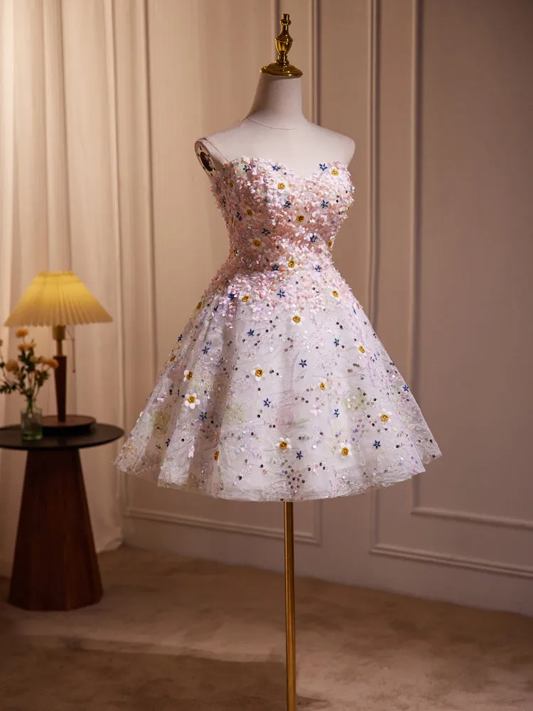 Cute Strapless Sweetheart Beading Flower Appliques Homecoming Dress