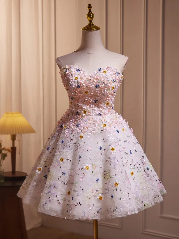 Cute Strapless Sweetheart Beading Flower Appliques Homecoming Dress