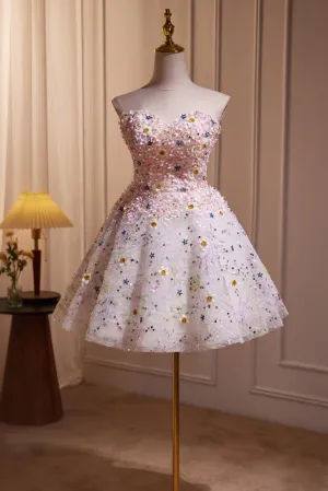 Cute Strapless Sweetheart Beading Flower Appliques Homecoming Dress