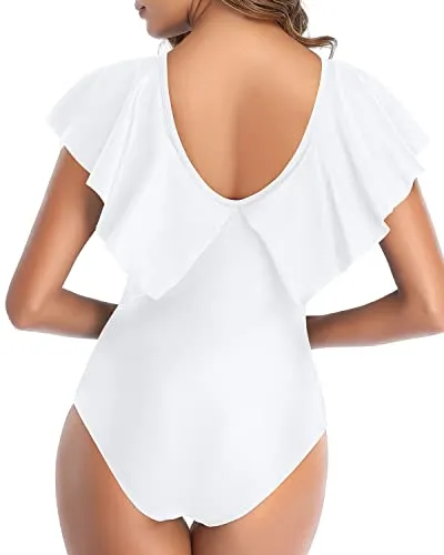 Cute Tummy Control Flounce Sleeve V Neck One Piece Swimsuit-White