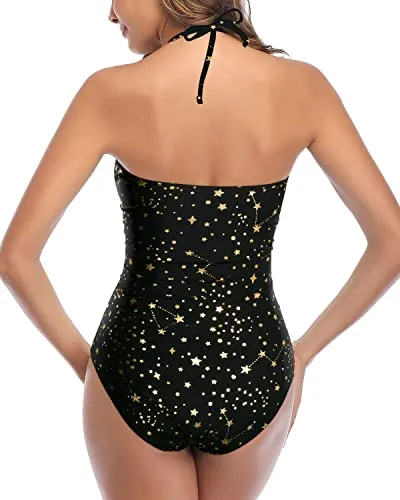 Cutout High Waisted One Piece Swimsuits Halter Front Tie Knot Bathing Suit for Women