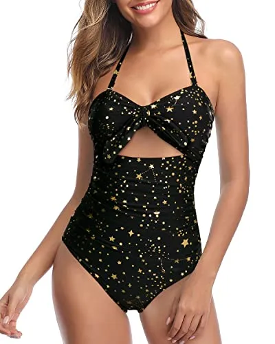 Cutout High Waisted One Piece Swimsuits Halter Front Tie Knot Bathing Suit for Women