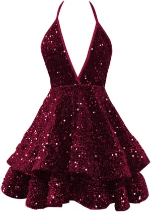 CWOAPO Sequin Tiered Homecoming Dresses for Teens 2025 Sparkly Spaghetti Straps V Neck Short Prom Dress Cocktail Party Gown