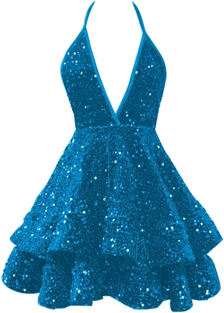 CWOAPO Sequin Tiered Homecoming Dresses for Teens 2025 Sparkly Spaghetti Straps V Neck Short Prom Dress Cocktail Party Gown