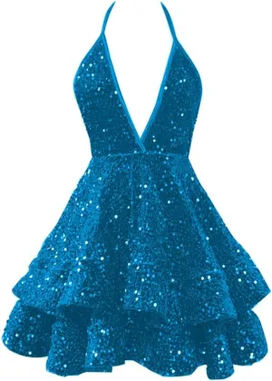 CWOAPO Sequin Tiered Homecoming Dresses for Teens 2025 Sparkly Spaghetti Straps V Neck Short Prom Dress Cocktail Party Gown