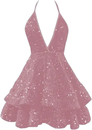 CWOAPO Sequin Tiered Homecoming Dresses for Teens 2025 Sparkly Spaghetti Straps V Neck Short Prom Dress Cocktail Party Gown