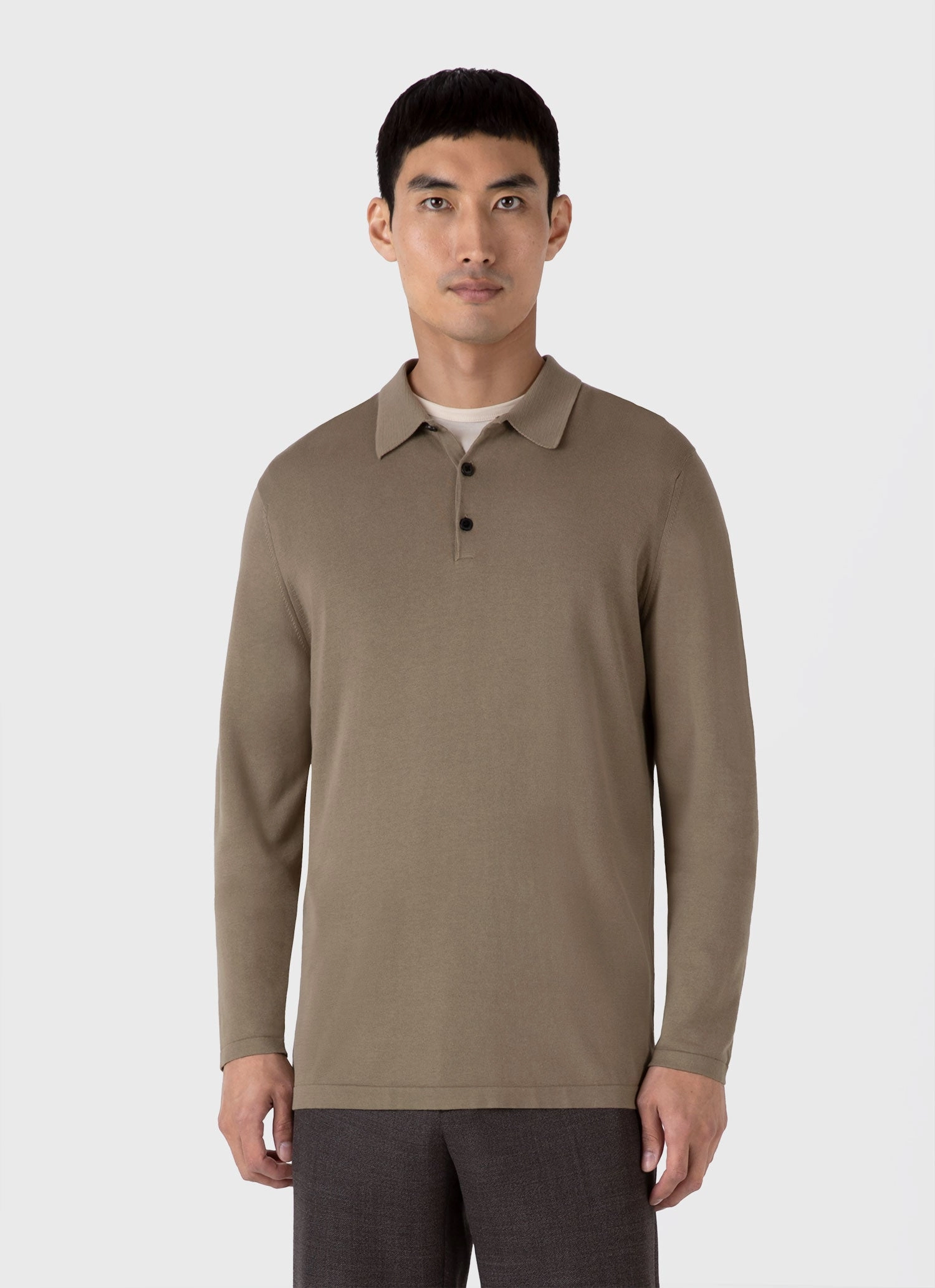 Men's Long Sleeve Sea Island Cotton Knit Polo Shirt in Dark Stone AntiStatic Treatment