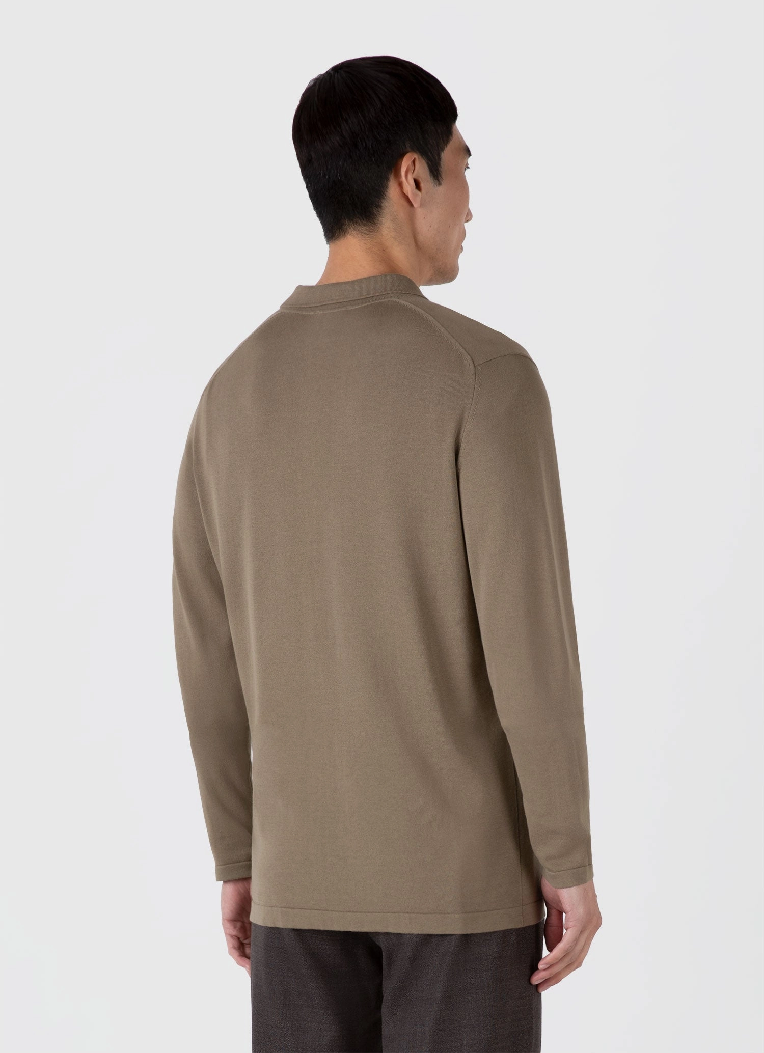 Men's Long Sleeve Sea Island Cotton Knit Polo Shirt in Dark Stone AntiBacterial Coating Retro Vibe