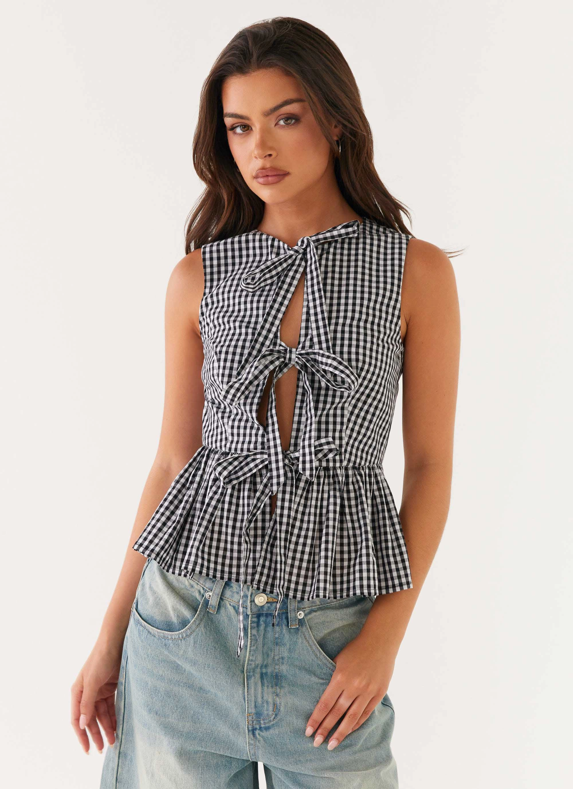 Cyrene Tie Top - Black Gingham Casual Tee