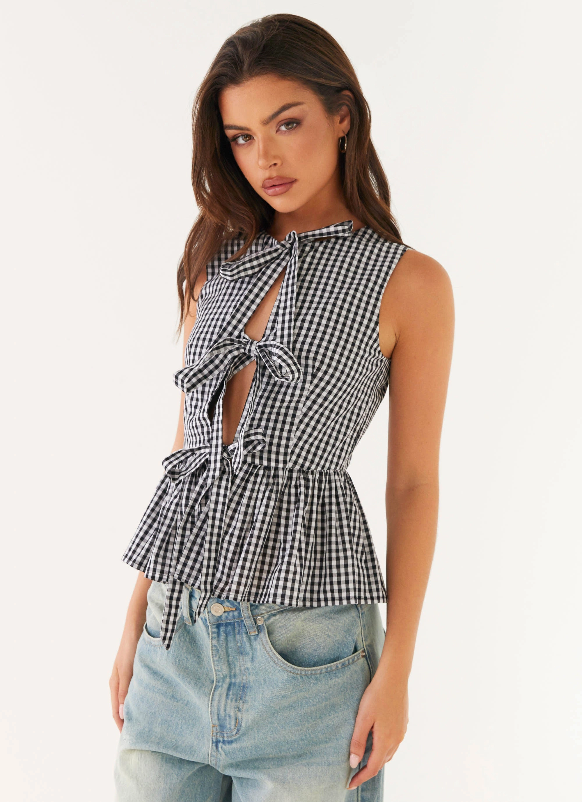 3D Spacer Fabric Comfortable Fabric Cyrene Tie Top - Black Gingham