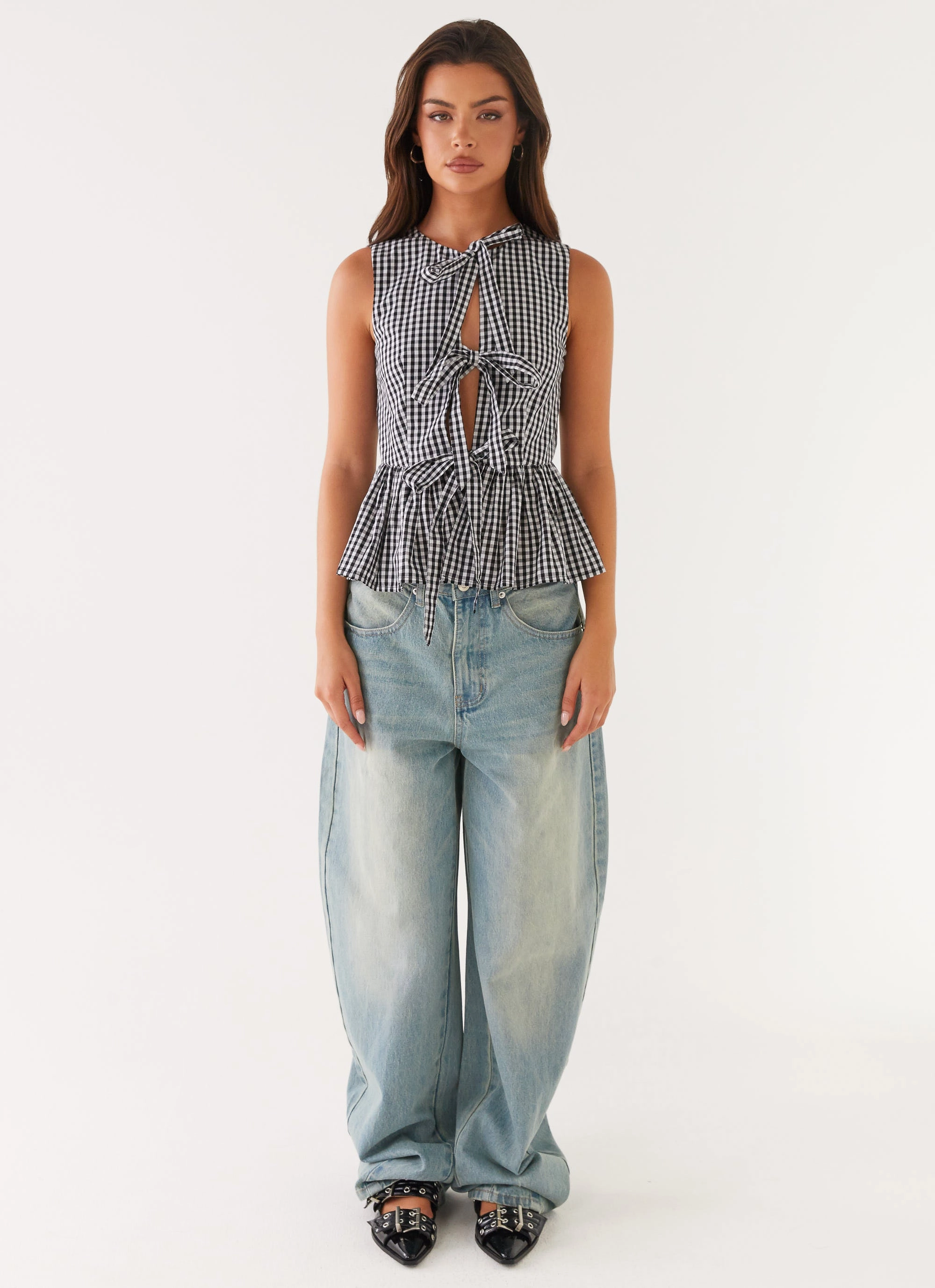 Comfy Layer AllDay Comfort Design Cyrene Tie Top - Black Gingham