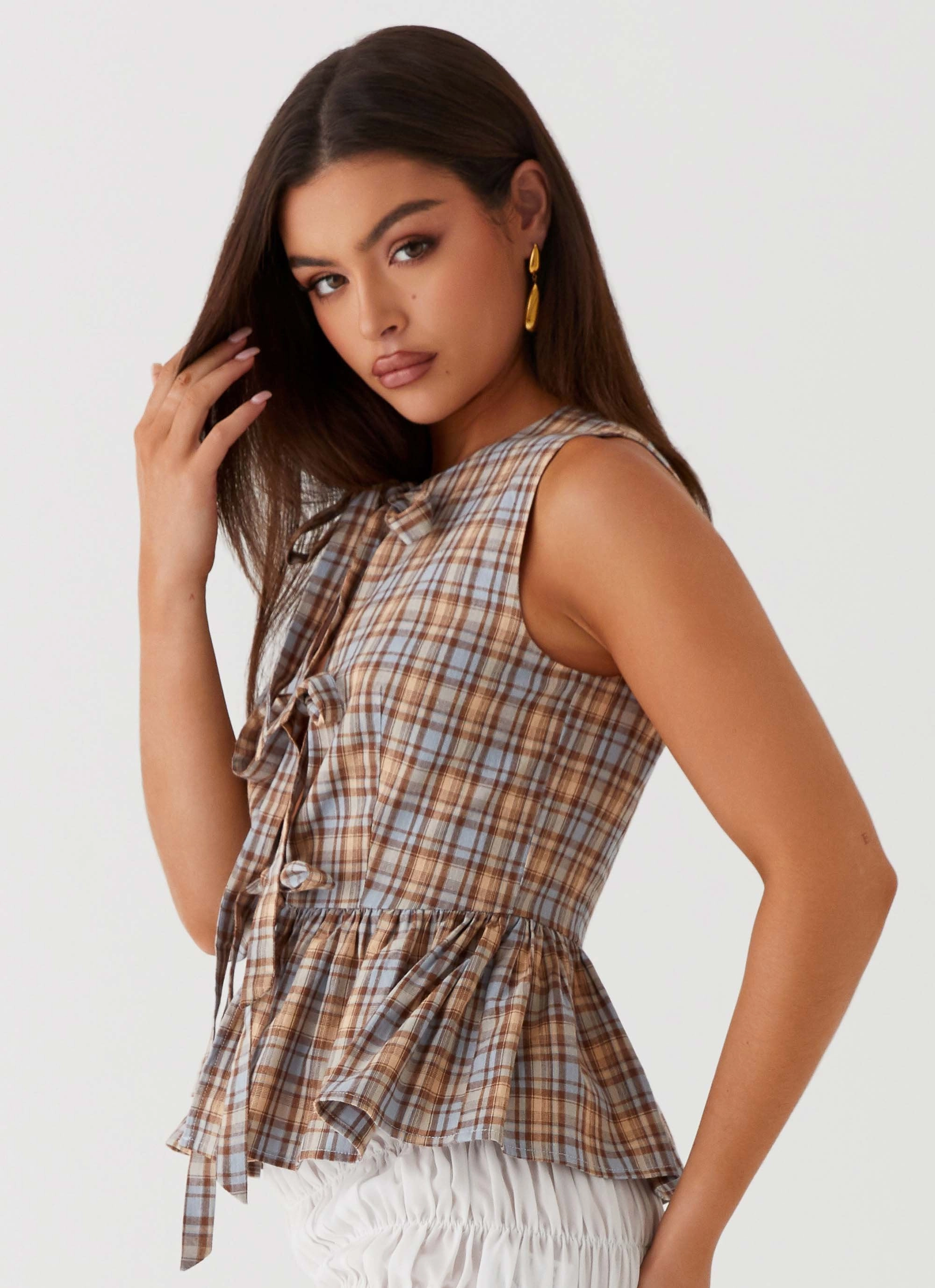 Cyrene Tie Top - Brown Check Moisture Control Technology