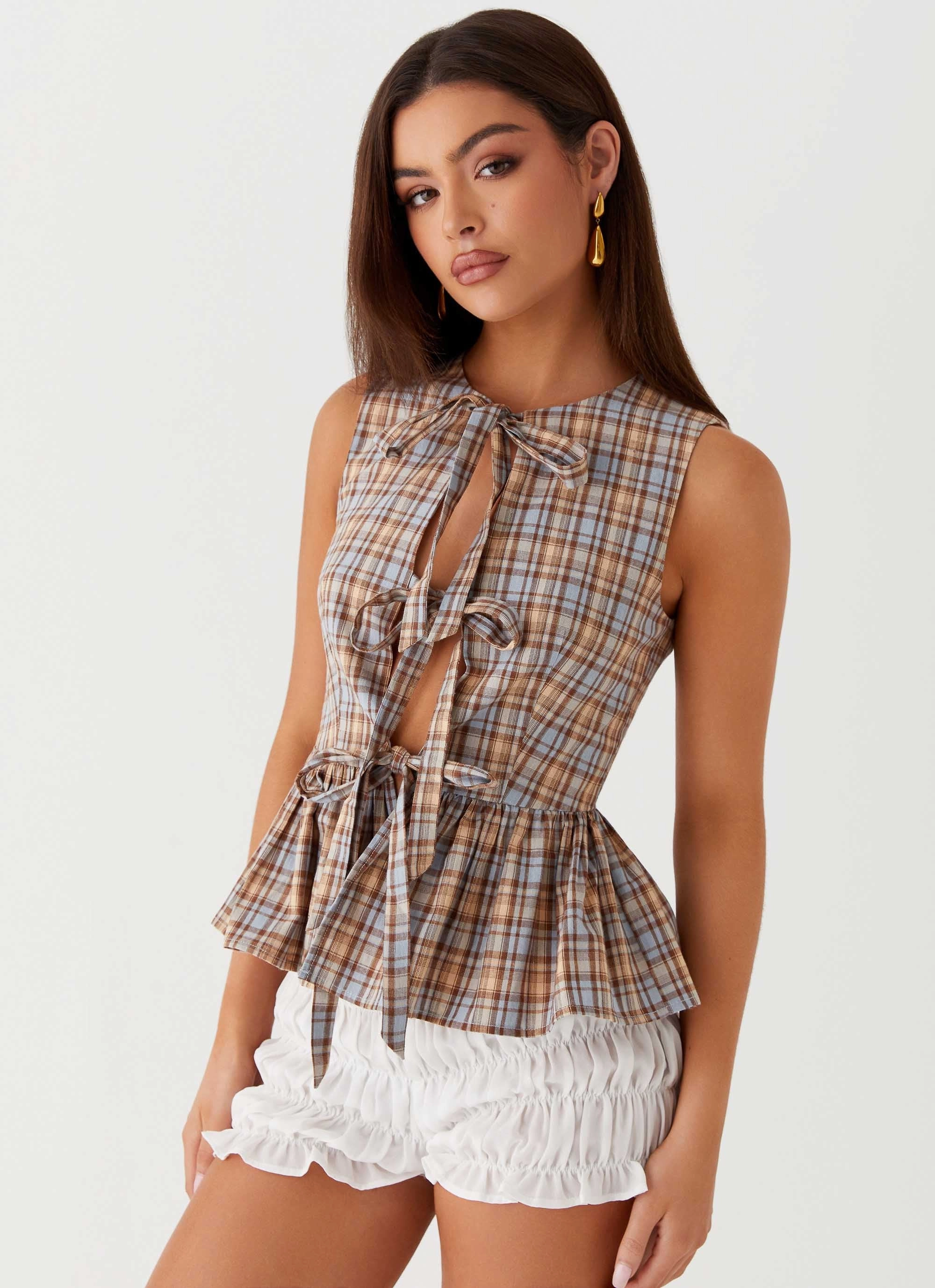 Cyrene Tie Top - Brown Check Winter Fashion