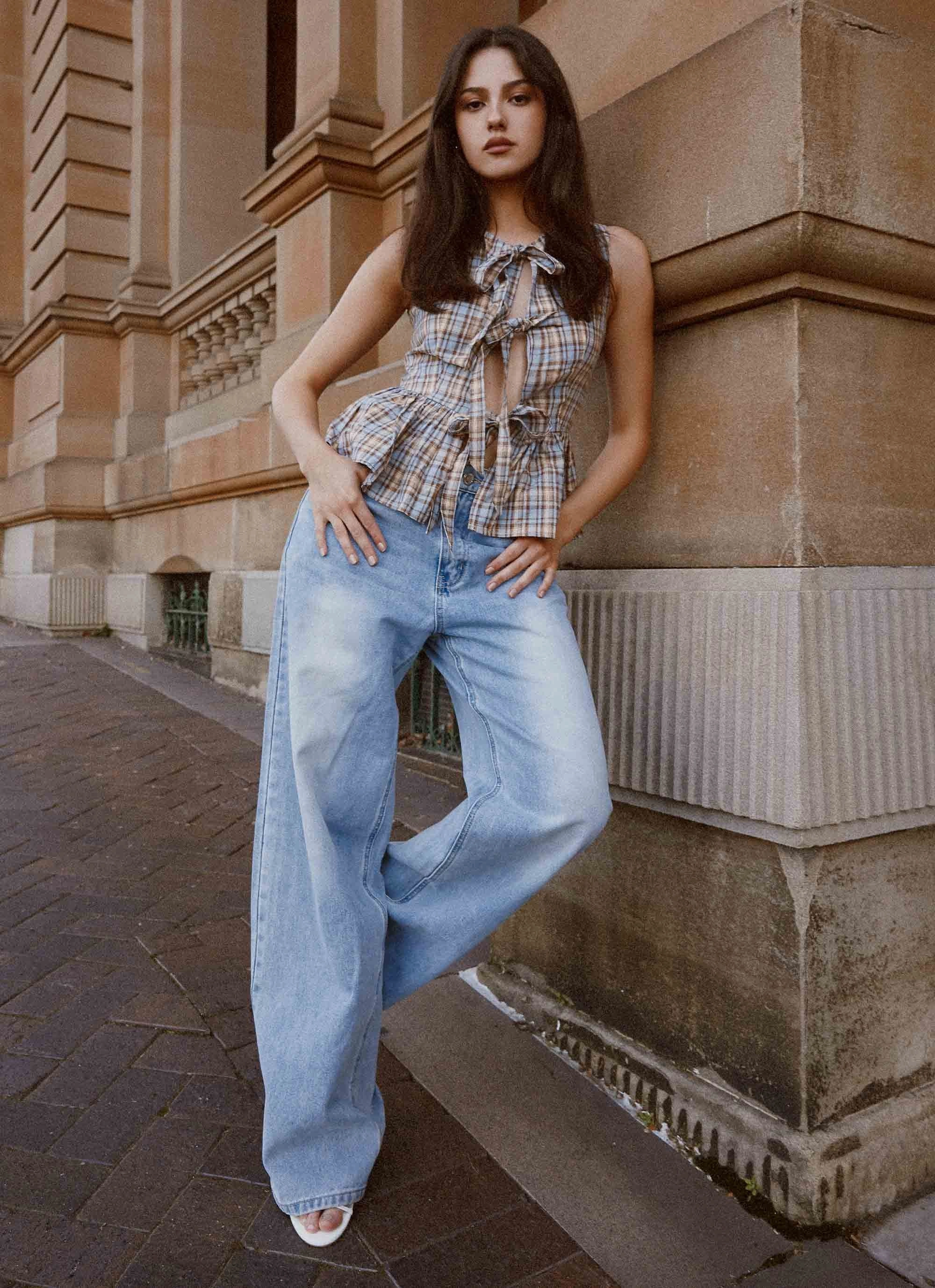 Cyrene Tie Top - Brown Check Slim Fit Design Midweight Four Way Stretch