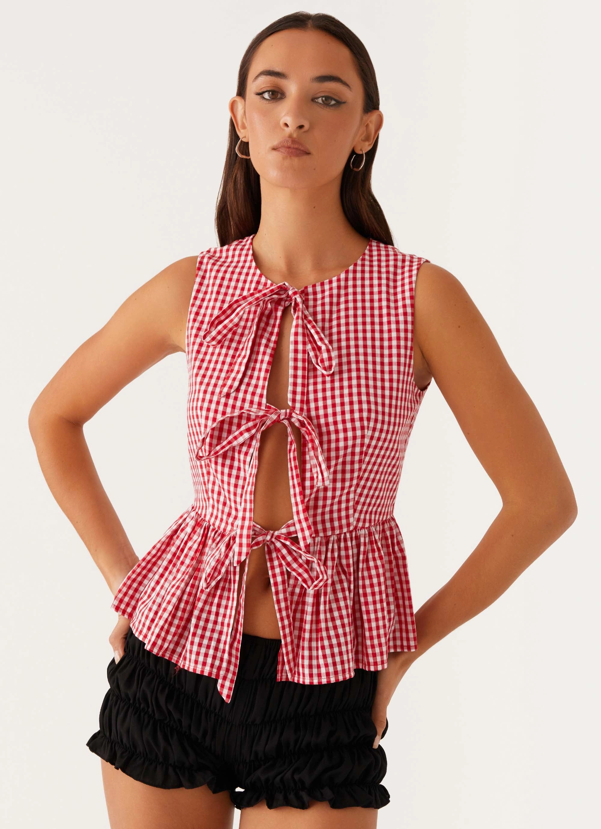 Cyrene Tie Top - Red Gingham StretchComfortDesign Easy to Wear