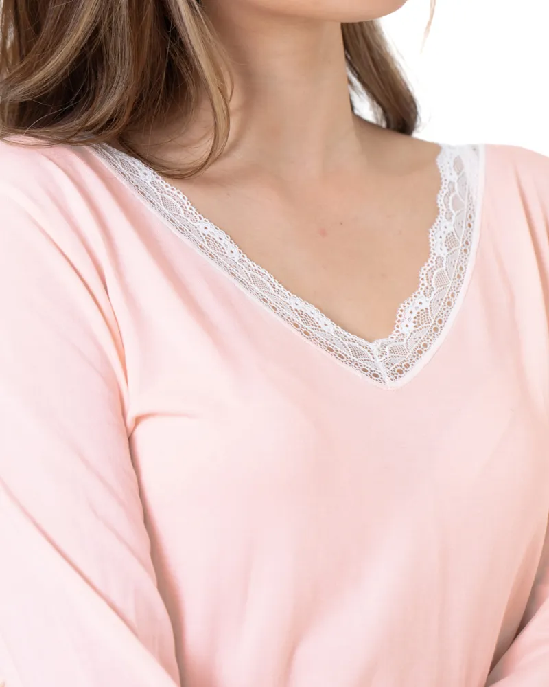 D001222224 Pampas Soft Pink Lace V Neck Pajamas