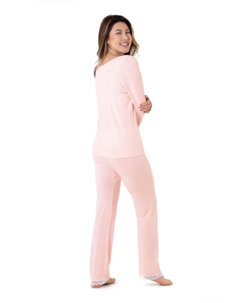 D001222224 Pampas Soft Pink Lace V Neck Pajamas