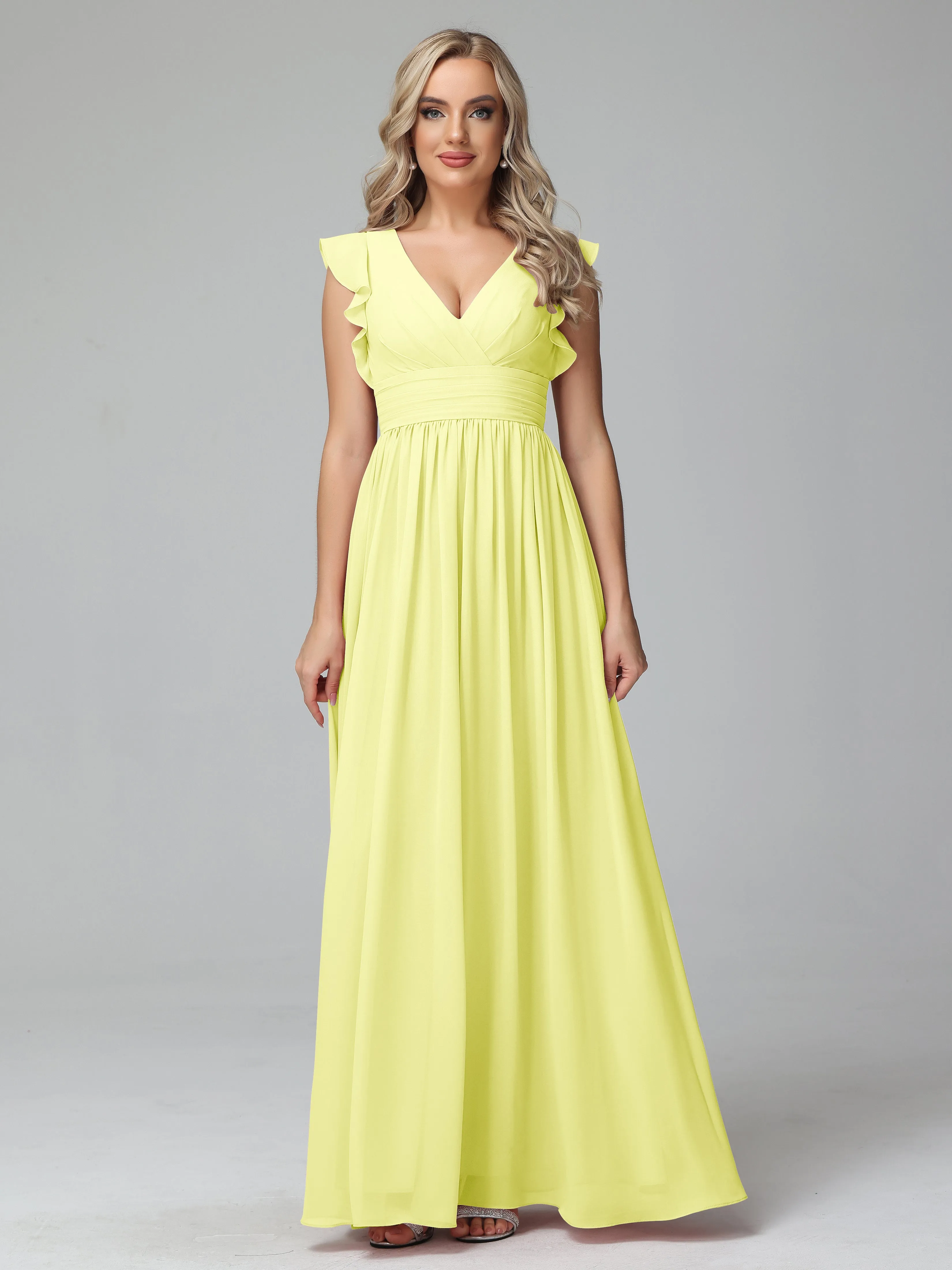 Daffodil Bridesmaid Dress Bonnie V-Neck Chiffon Bridesmaid Dresses With Ruffle Sleeves