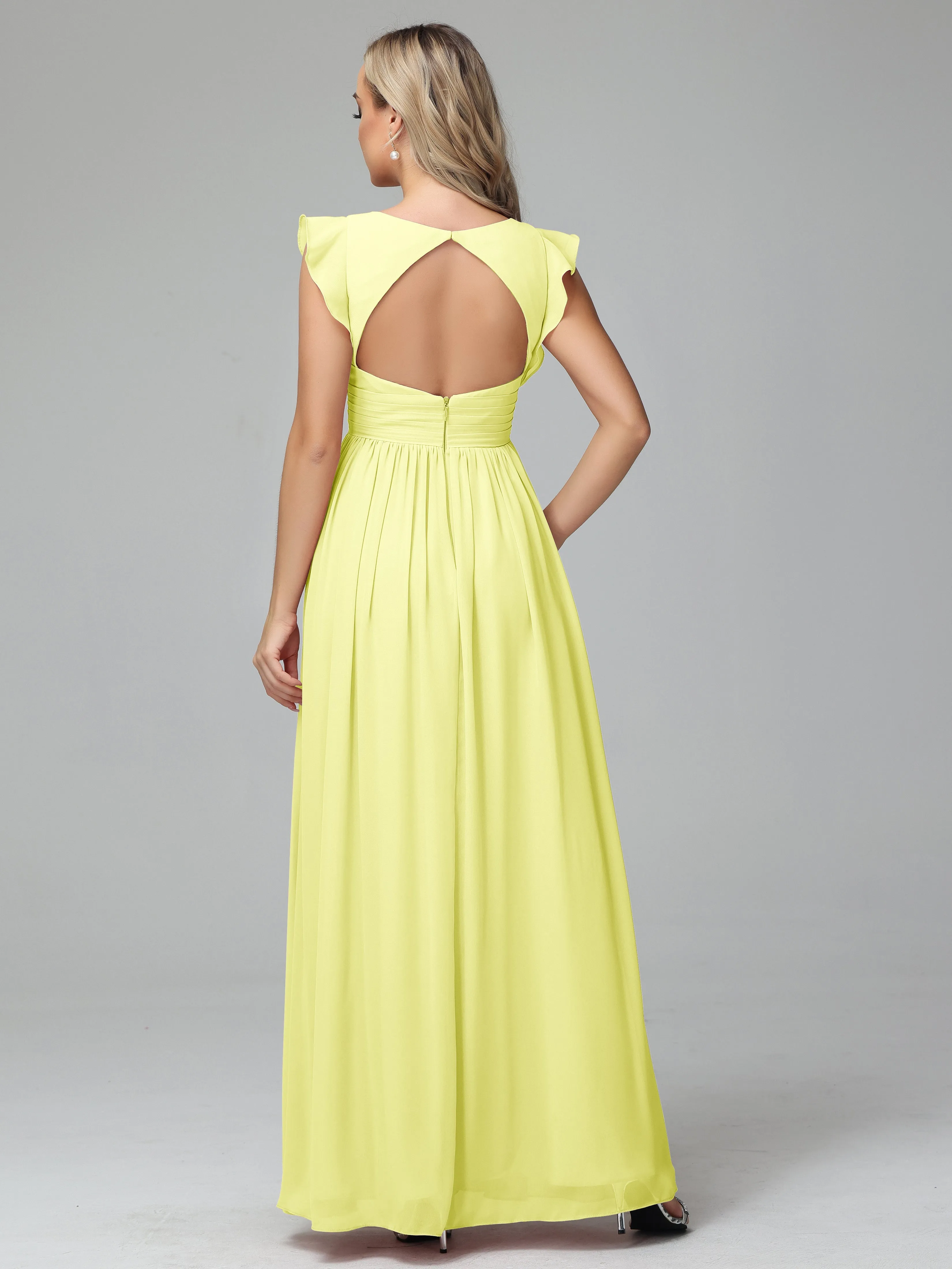 Daffodil Bridesmaid Dress Bonnie V-Neck Chiffon Bridesmaid Dresses With Ruffle Sleeves