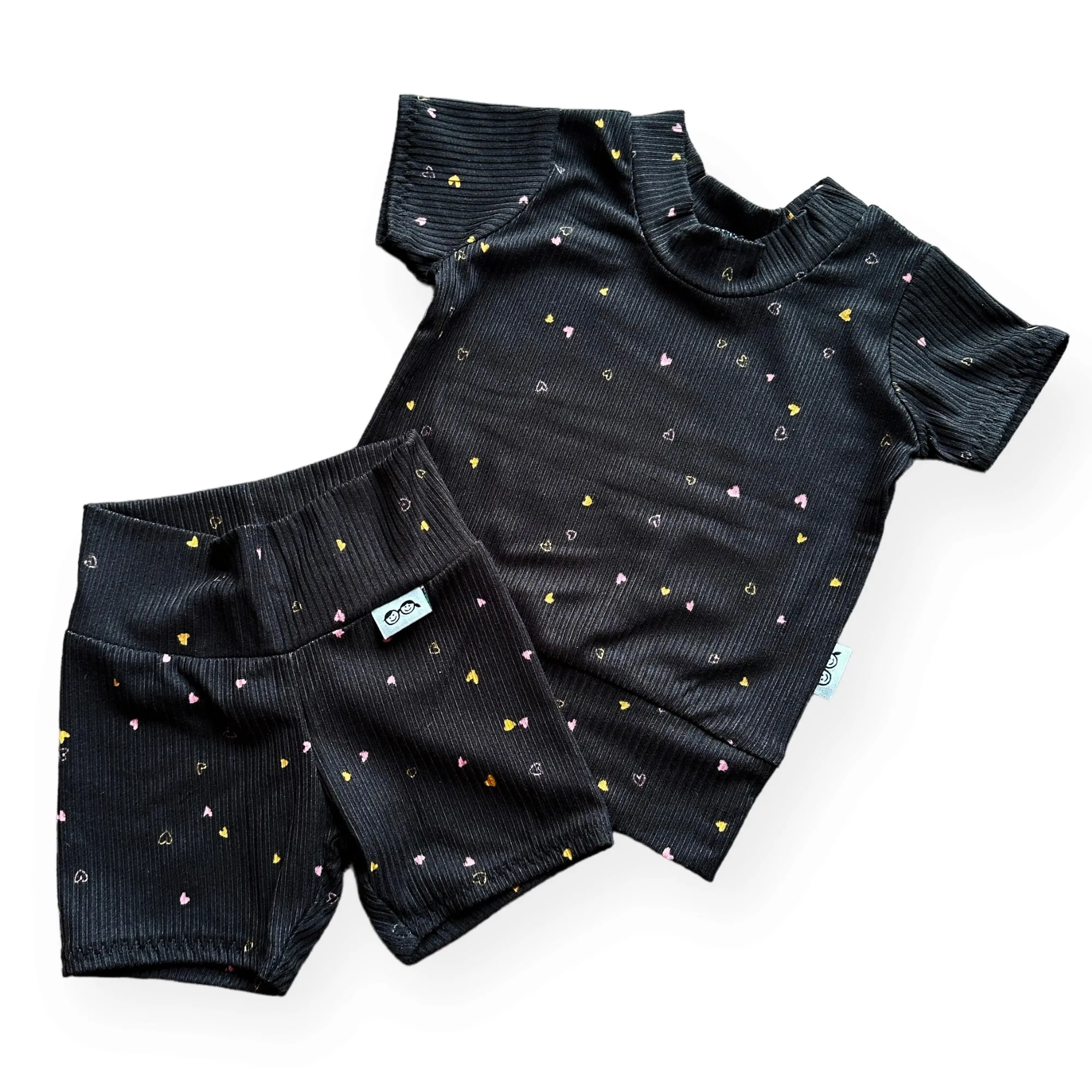 Dainty Hearts on Black Ribbed Biker Shorts Lounge Set