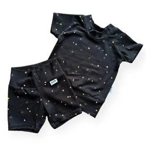 Dainty Hearts on Black Ribbed Biker Shorts Lounge Set