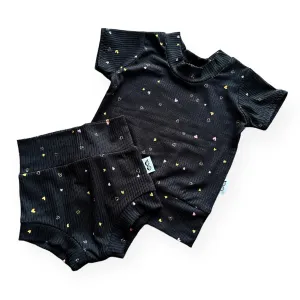 Dainty Hearts on Black Ribbed Summer Lounge Set