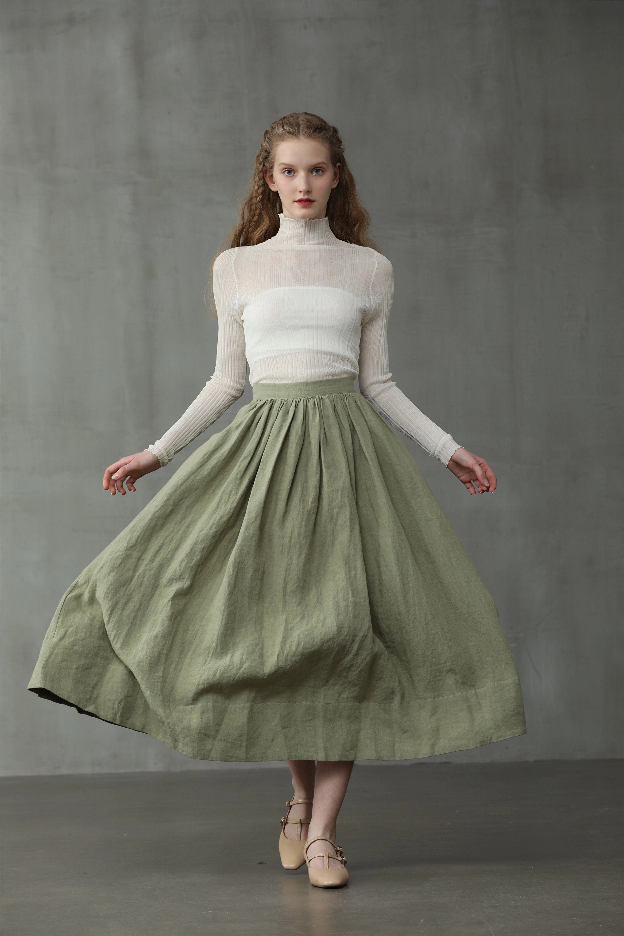 Daisy 03 | Pastel Green Linen Skirt MoistureWickingTechnology