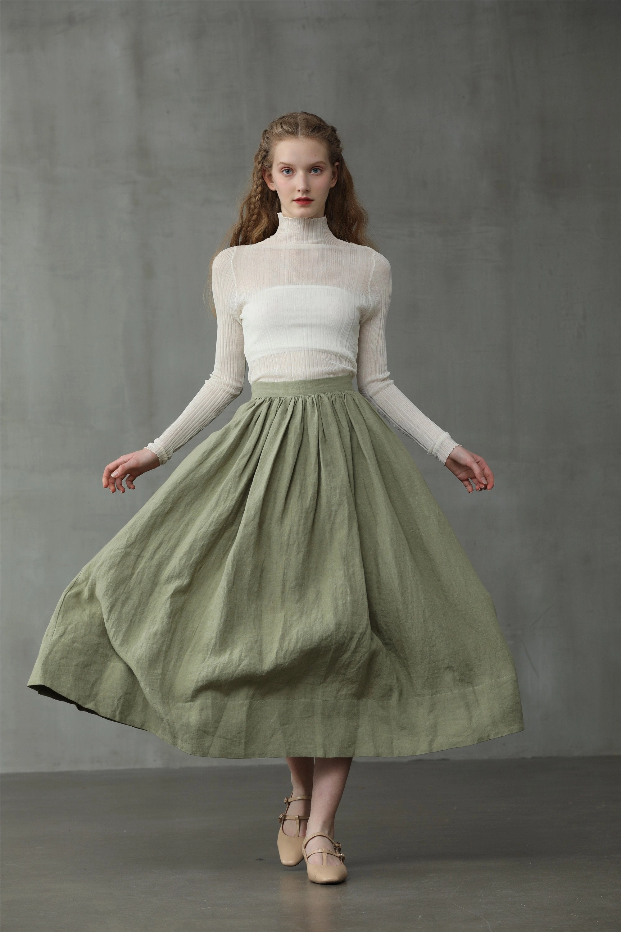 Daisy 03 | Pastel Green Linen Skirt Slip Resistant Grip