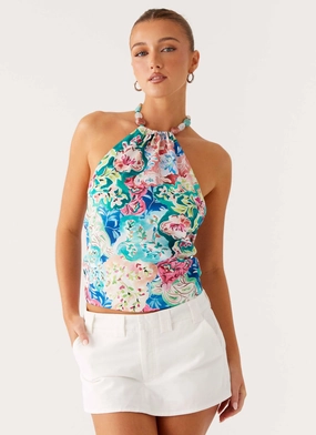 Dalila Beaded Tie Back Top - Santorini Floral Non Irritating Edges VNeck Style ArticulatedElbowShaping Dalila Beaded Tie Back Top - Santorini Floral
