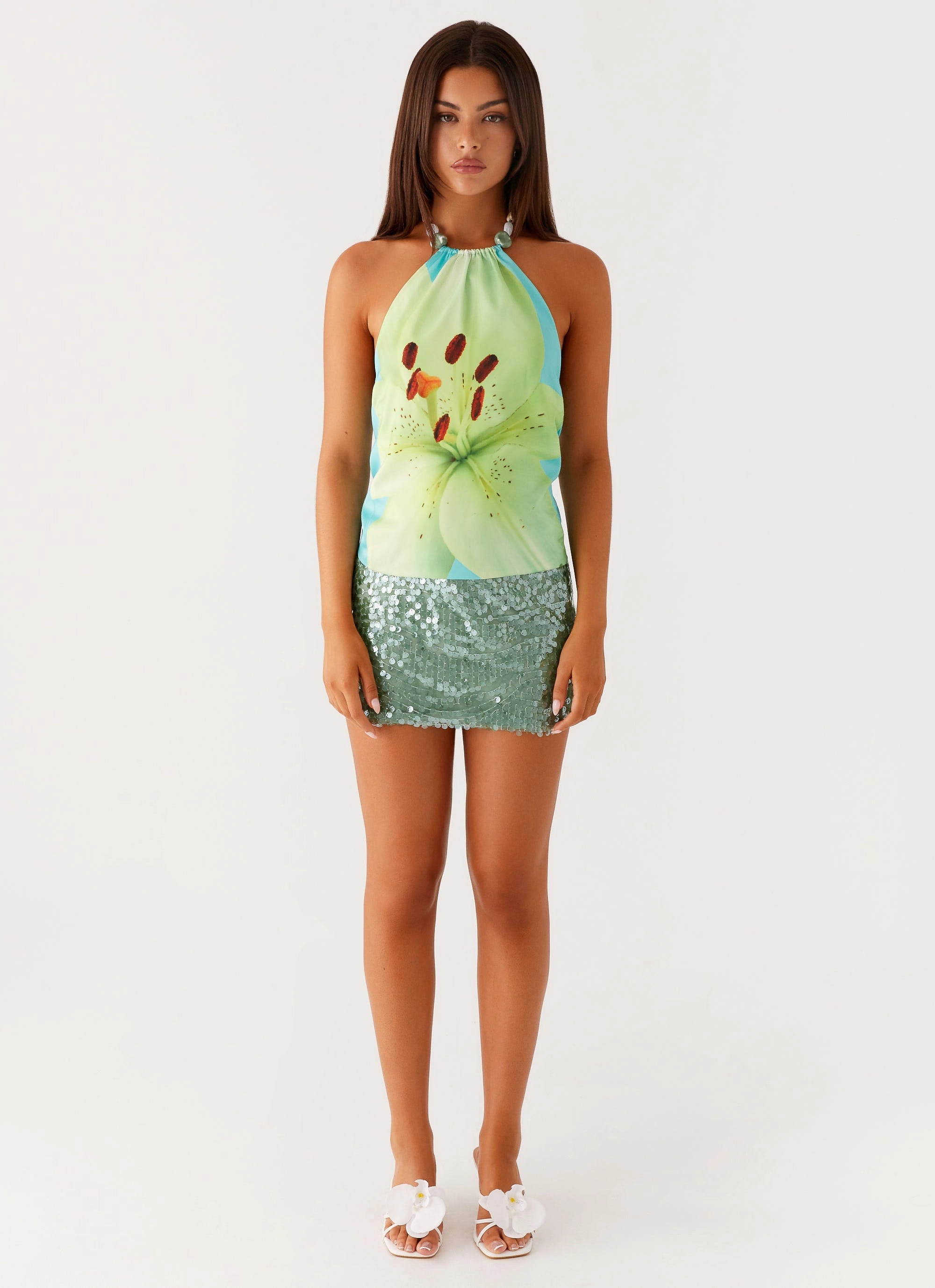 ConvertibleCollarSystem Quick Dry Blend Dalila Beaded Tie Back Top - Turquoise Floral