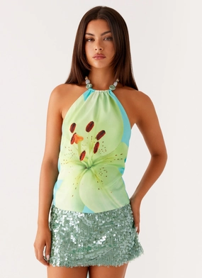 Stretchable Blend AdjustableDrawstring Dalila Beaded Tie Back Top - Turquoise Floral