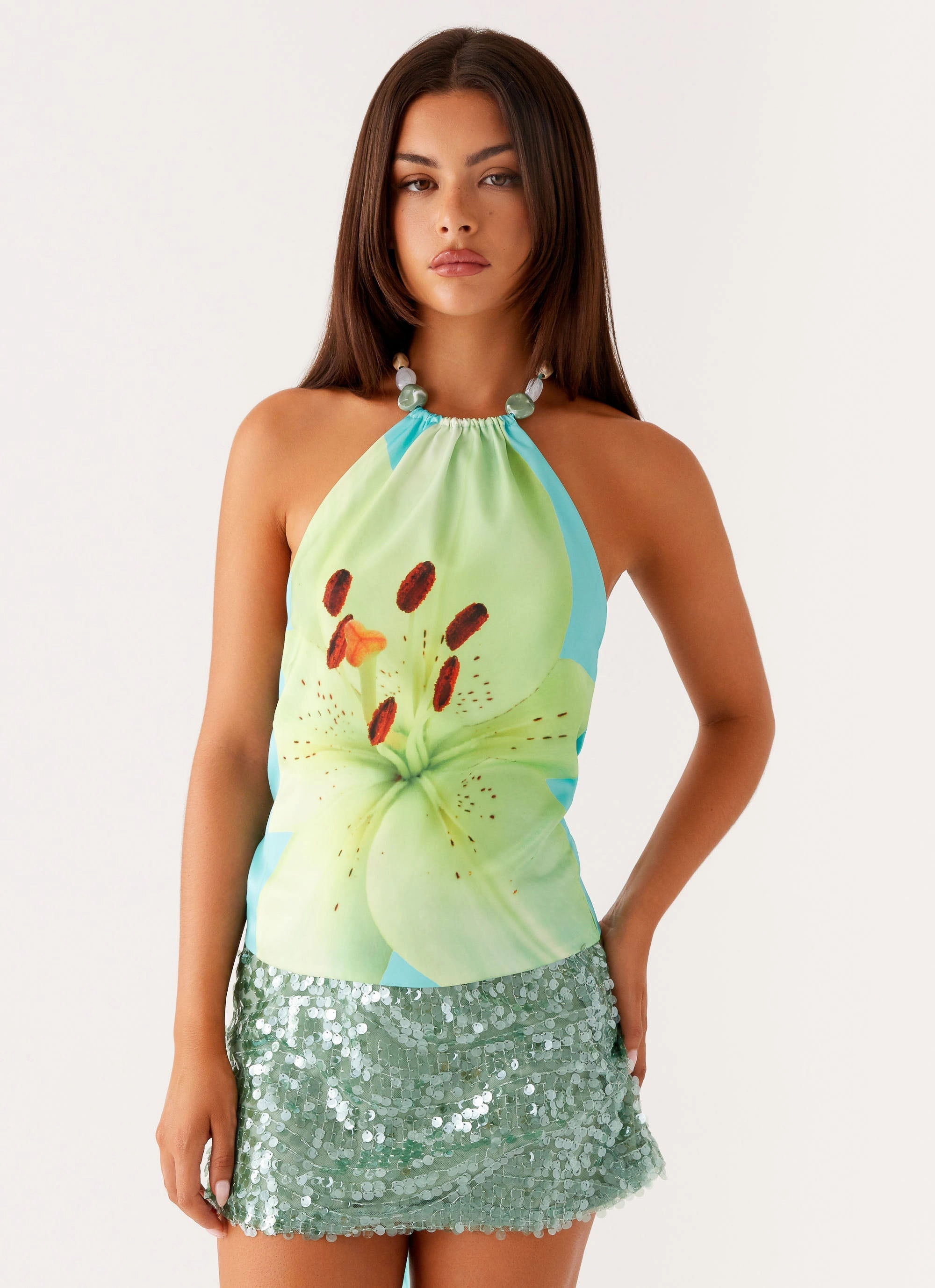 Stretchable Blend AdjustableDrawstring Dalila Beaded Tie Back Top - Turquoise Floral