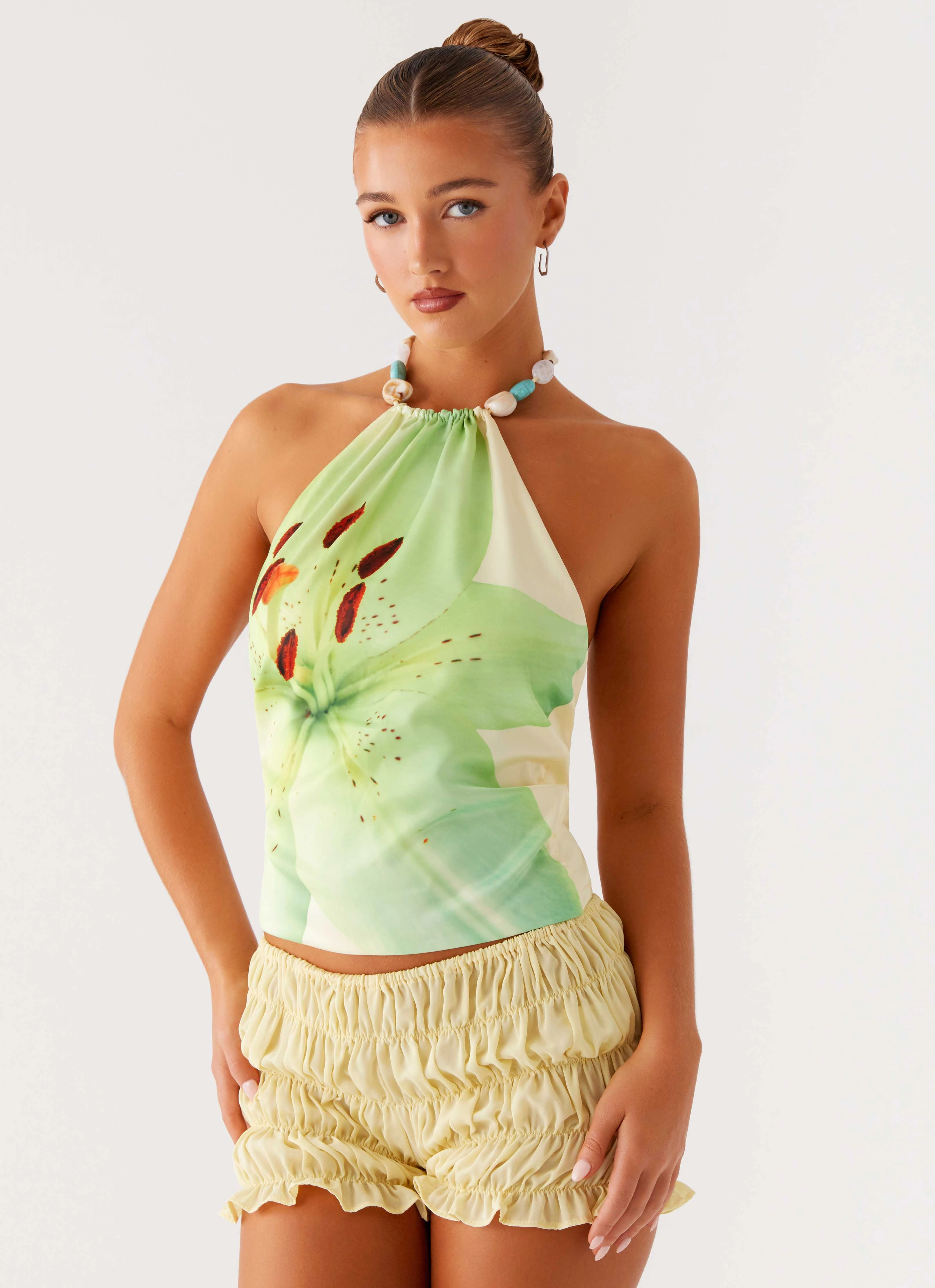 NonRestrictiveSilhouette Flatlock Seam Technology Dalila Beaded Tie Back Top - Yellow Floral