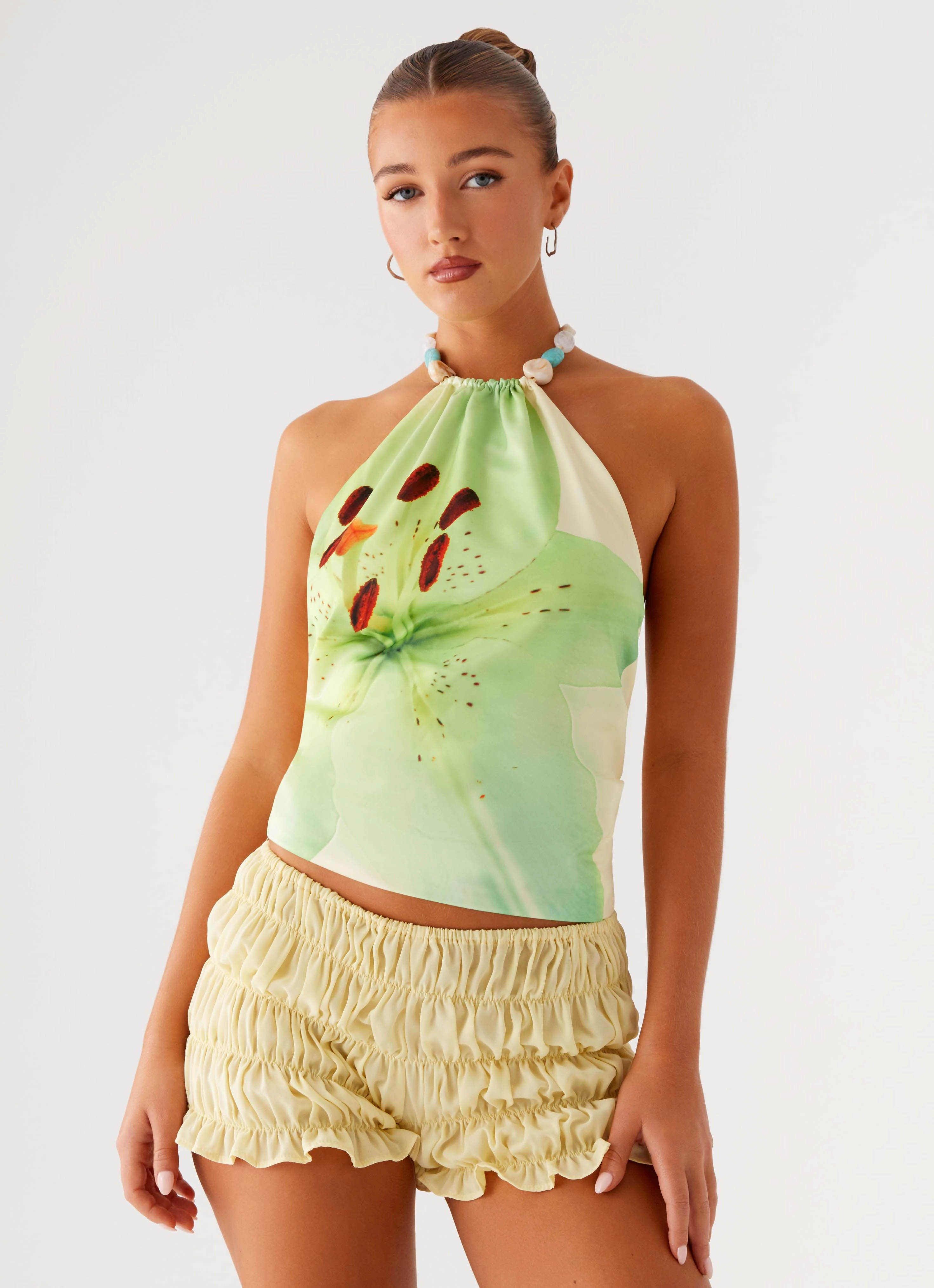 Dalila Beaded Tie Back Top - Yellow Floral Fade Resistant Treatment Thermal Regulation System